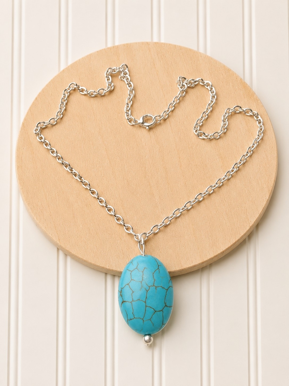 Turquoise Oval Pendant Necklace - Silver Chain
